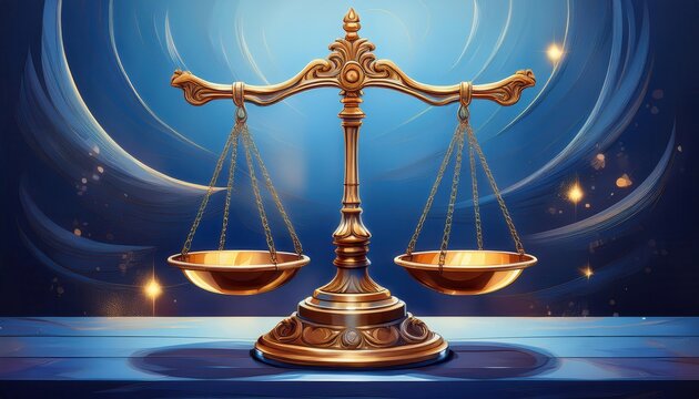 A golden balance scale set against a blue swirling background, symbolizing justice, fairness, and the rule of law.