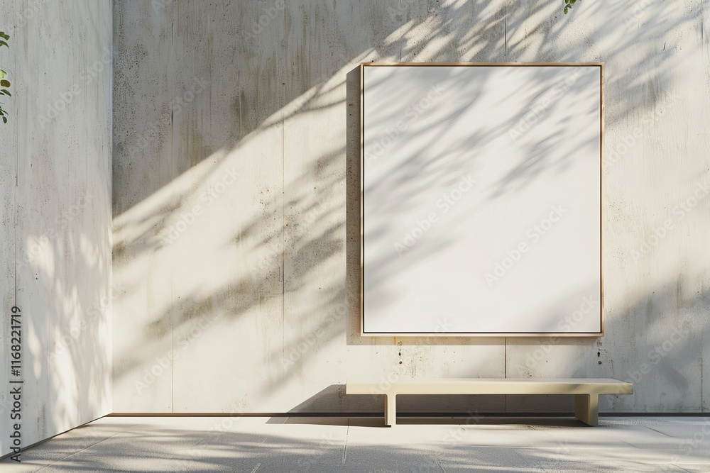 Poster blank square canvas on wall with bench.