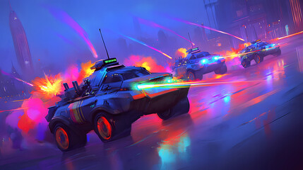 Futuristic Armored Vehicles in a Vibrant Nighttime Battle Scene