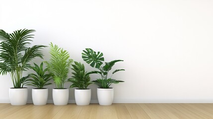 Fototapeta premium Indoor Plants in White Pots Against Minimalist Wall with Wood Floor