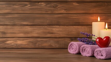 Obraz na płótnie Canvas Romantic spa gift set with scented lavender candles bath salts and heart shaped decor on a rustic wooden background Cozy and calming wellness and self care concept for a luxurious