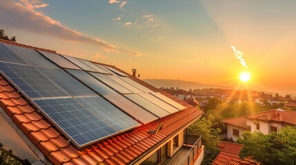 A photo collage of red-tiled houses with solar panels glowing under the golden sunset, a serene sky behind, symbolizing sustainability and renewable energy