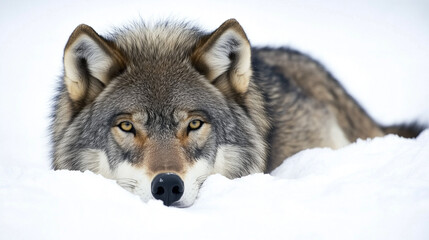 A gray wolf lying on snow, gazing intently forward on a white background