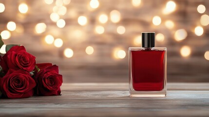 Sophisticated Valentines Perfume Gift with a Classic Red Rose Bouquet on Wooden Table with Warm Autumn Bokeh Background  Luxurious and Romantic Valentine s Day Concept