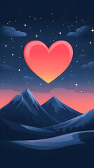 Obraz premium Romantic night sky over mountains with a large heart; perfect for Valentine's Day cards or love-themed designs.