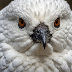 A close-up of a ptarmigan&rsquo;s face, showcasing its beady eyes and fluffy white feathers, with a white background.