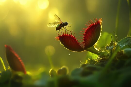 A fly approaches a Venus flytrap in the golden sunlight, a captivating moment of nature's drama.