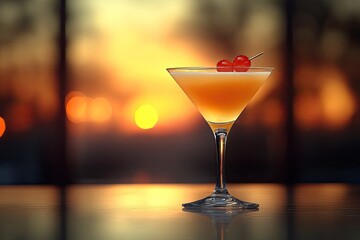 Cocktail in martini glass at sunset. Perfect for bar, restaurant, or drink menus.