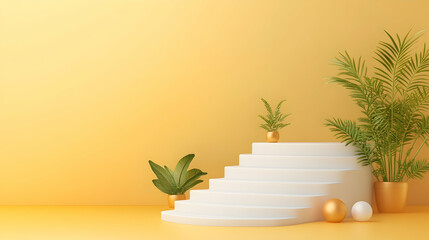 Yellow room, white stairs, golden pots, plants, product display, background, advertisement.