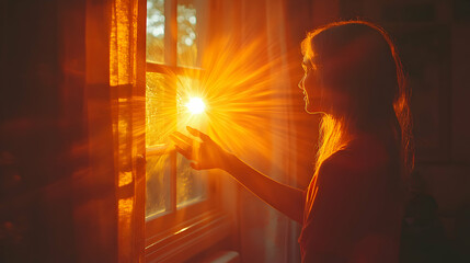 Woman Reaches For Golden Sunset Light Through Window