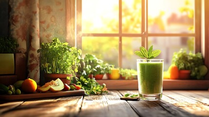 A refreshing green smoothie in a glass goblet, garnished with fresh mint, sits on a rustic wooden table by a sunlit kitchen window, surrounded by potted herbs, vibrant colors, and healthy, natural 