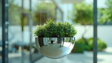 A modern hanging basket design with a high-tech, automated mechanism and a premium, stainless steel construction