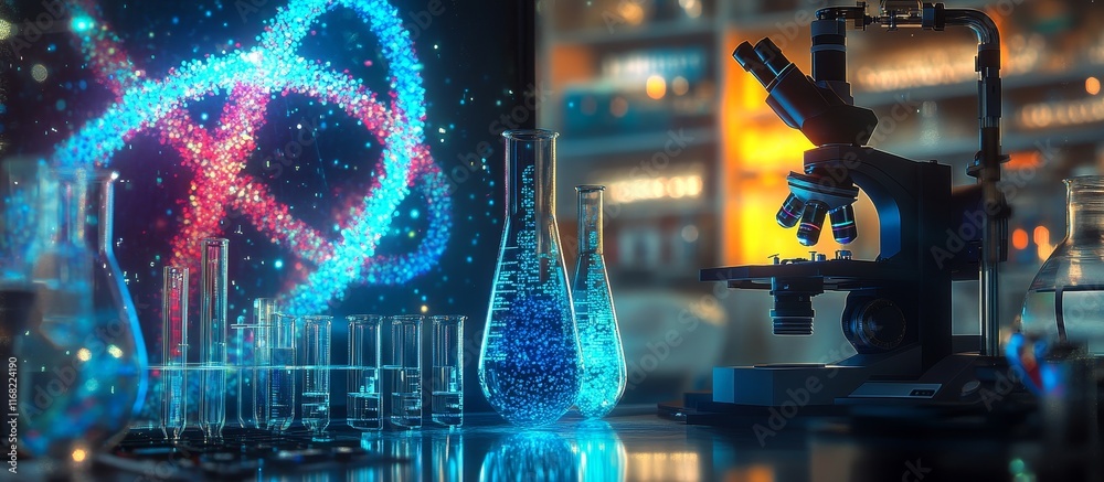 Poster dna research in lab with microscope and glassware.