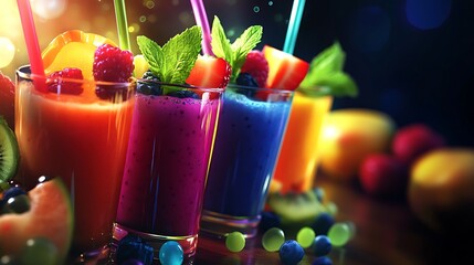 Colorful fruit smoothies in glass cups with fresh berries, mint leaves, and straws on a rustic wood surface; vibrant hues and creamy textures create a refreshing, appetizing presentation