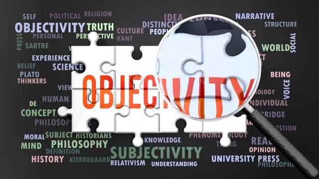 Objectivity under magnifying glass, being researched, studied and examined. Most important subjects and ideas closely related to objectivity written around a puzzle.Can be looped.