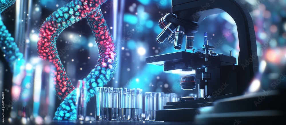 Poster dna helix, microscope, and test tubes in a lab setting. (1)