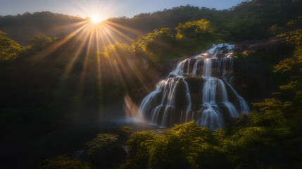 Scenic Waterfall in Lush Forest Illuminated by Dramatic Morning Sunlight Rays
