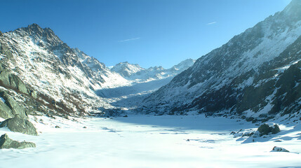 Beautiful Snow-Covered Mountain Valley Under Clear Blue Sky in Winter