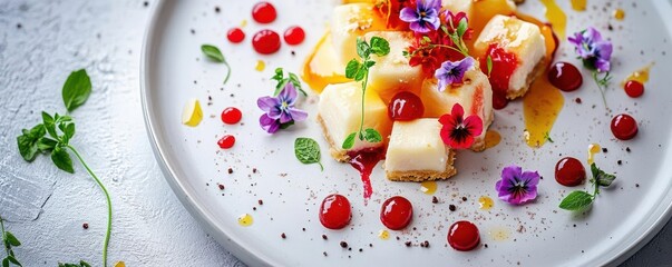 Vivid plate of deconstructed pie, scattered with edible flowers, dessert