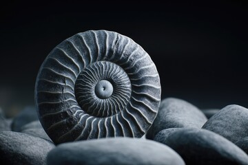 Obraz premium A mesmerizing ammonite fossil, showcasing its intricate spiral structure, rests on smooth dark stones.
