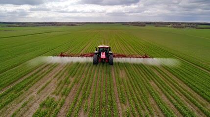 Tractor spraying crops in a vast agricultural field