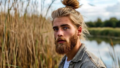 Blond man with long hair and beard by the river