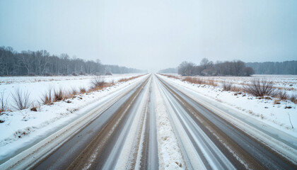 Obraz premium Snowy rural road stretching into foggy distance with snow-covered fields on either side
