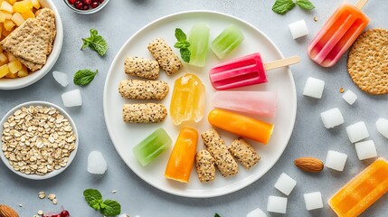 An aerial view of a healthy, balanced diet featuring a white ceramic plate with colorful ice pops, whole grain crackers, sesame bagels, sugar cubes, and oatmeal, styled with vibrant colors and crisp