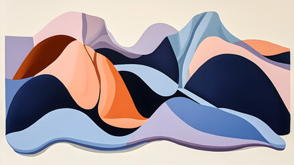 Abstract Landscape Painting with Warm and Cool Colored Waves and Curves