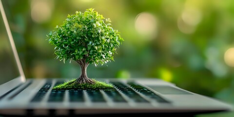 Green Technology: A Tree Growing on a Laptop, Symbolize Sustainable Computing and Eco-Friendly Digital World