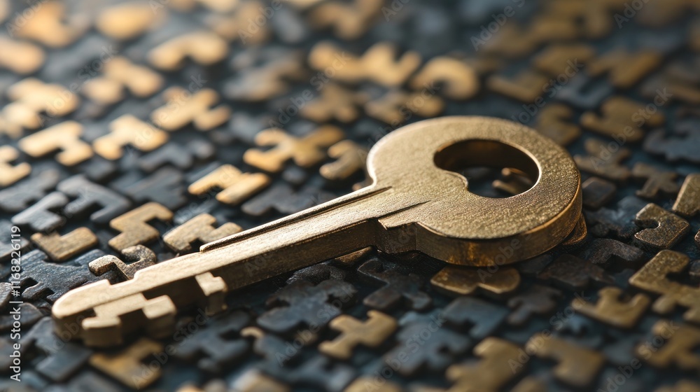 Poster a brass key rests on a textured background of interlocking puzzle pieces.