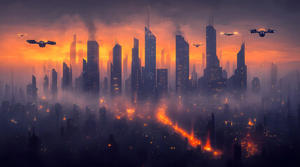 Futuristic Cityscape with Skyscrapers and Flying Vehicles at Sunset