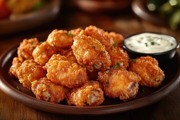 Fototapeta premium Delicious glazed chicken wings with ranch dressing on a plate