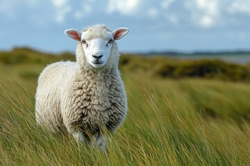 Fototapeta premium Fluffy white sheep stands in tall grass. Image depicts serene nature, ideal for farm, rural, or nature themes.