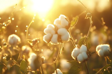 Fototapeta premium Cotton bolls growing in a field during golden hour