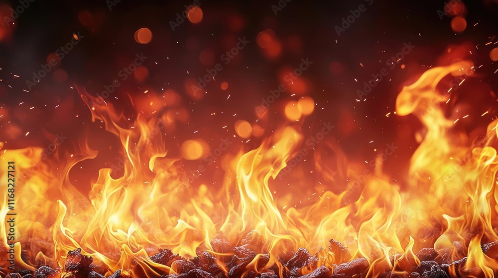 Poster Burst abstract background concept. Vibrant flames dance on a dark background, creating a mesmerizing display of heat and light.