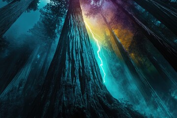 Lightning strikes a giant redwood forest at night, creating a surreal and dramatic scene.
