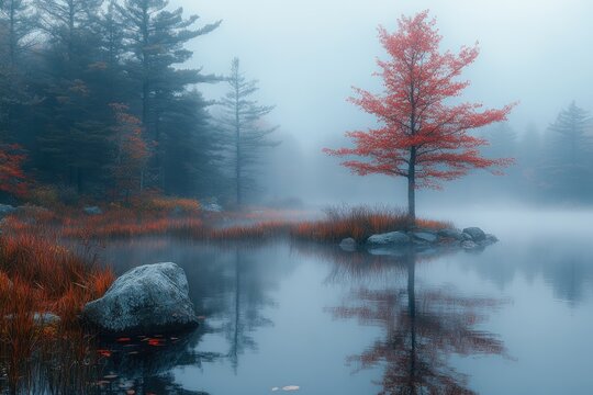 Red tree emerging from fog on a lake in autumn