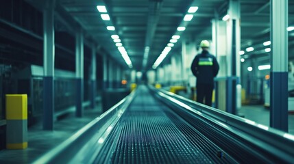 Fototapeta premium Worker Overseeing Production Line in Industrial Facility at Night