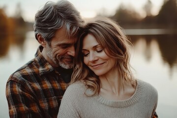 Fototapeta premium Happy mature couple embracing by the lake at sunset