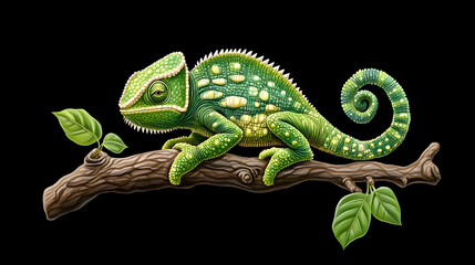Obraz premium Green chameleon perched on branch, tropical rainforest background, wildlife illustration for nature documentaries or educational materials.