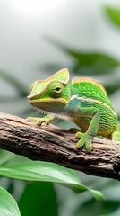 Obraz premium Green chameleon perched on a branch amidst lush foliage, showcasing its vibrant color and unique features; ideal for nature documentaries or educational materials.