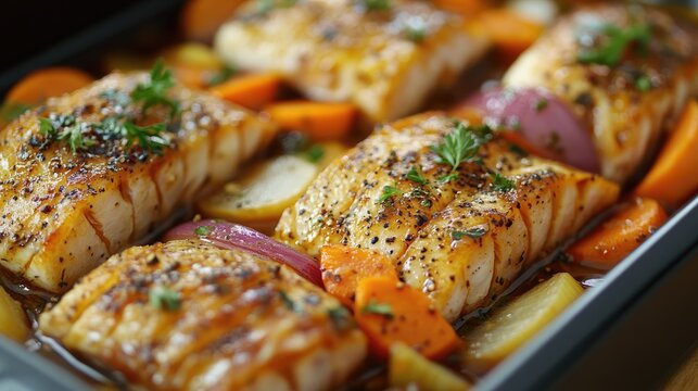 Delicious baked cod fillets with roasted vegetables and herbs
