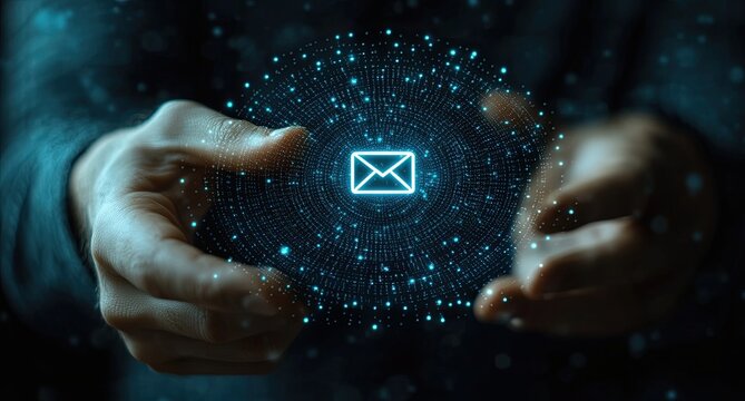 A person's hands are holding a glowing digital email icon in the center of a sphere of light.