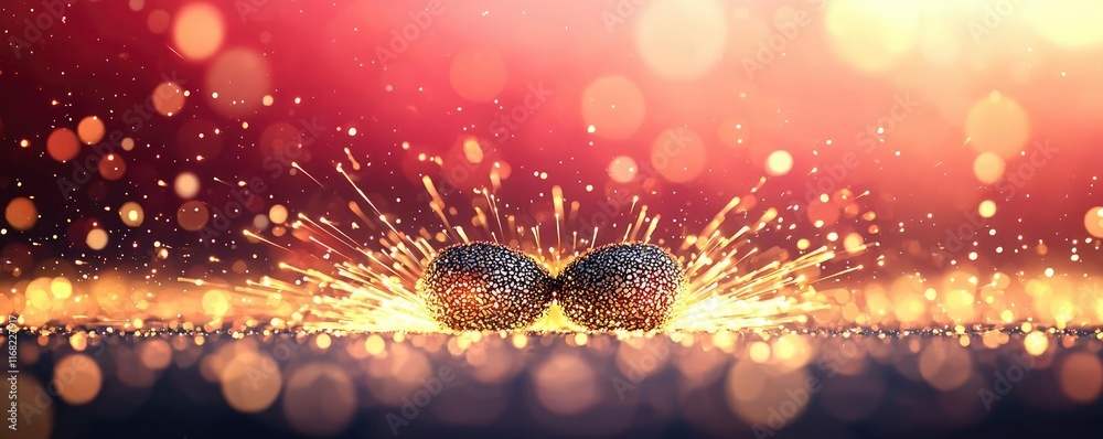 Poster Burst abstract background concept. Two cracking eggs with golden sparks on a colorful background creating an artistic display.