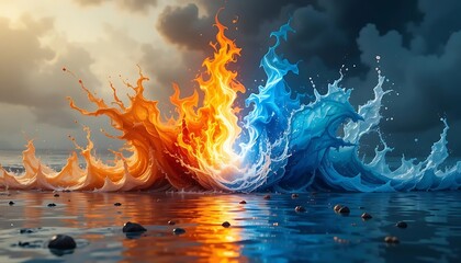 Confrontation of Elements: Fire's Reflection on Water