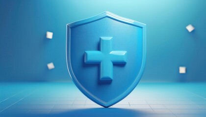 Obraz premium A stylized blue shield with a cross symbol, set against a soft blue background, representing protection and health.