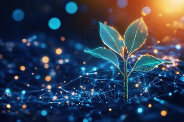 Digital Representation of Growing Plant with Glowing Leaves and Abstract Background