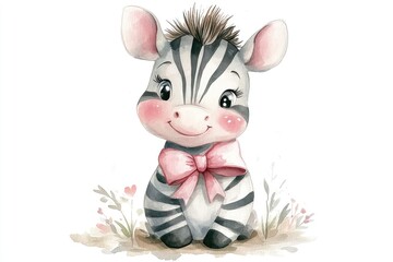 Fototapeta premium Cute baby zebra wearing pink bow sitting in grass watercolor painting