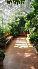 Sunlit Greenhouse Interior with Lush Tropical Plants. Peaceful garden retreat perfect for relaxation or botanical study.